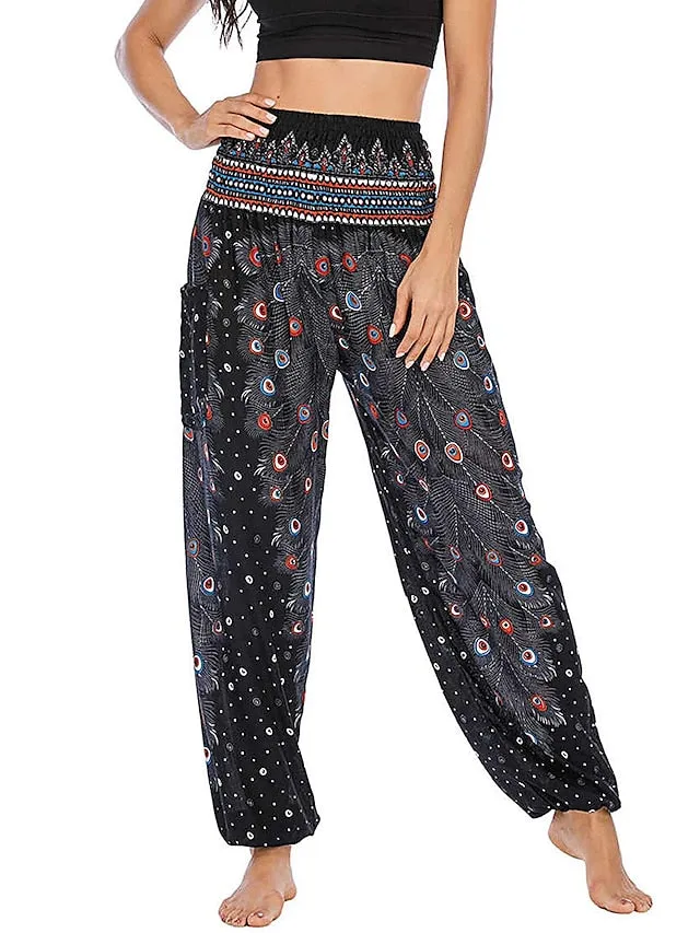 Women's Pants Side Pockets Elastic Waistband Paisley High Waist Yoga Fitness Gym Workout Bottoms Peacock Feather Light Purple Black Green Sports Activewear Athleisure