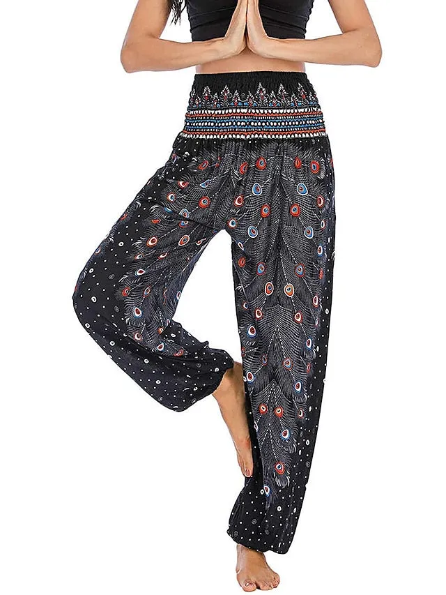 Women's Pants Side Pockets Elastic Waistband Paisley High Waist Yoga Fitness Gym Workout Bottoms Peacock Feather Light Purple Black Green Sports Activewear Athleisure