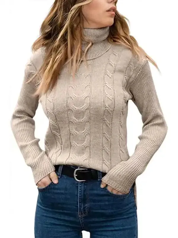 Women’s Solid Color Turtleneck Sweater Retro Long Sleeve Sweater