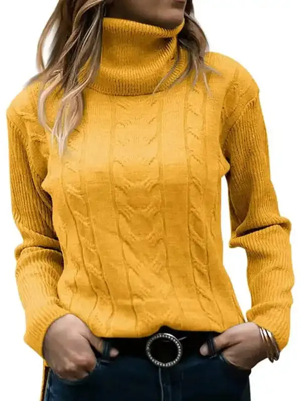 Women’s Solid Color Turtleneck Sweater Retro Long Sleeve Sweater