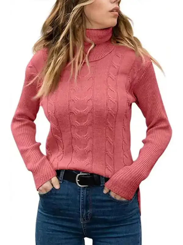 Women’s Solid Color Turtleneck Sweater Retro Long Sleeve Sweater