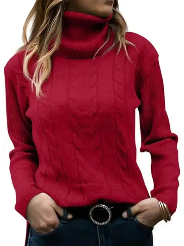 Women’s Solid Color Turtleneck Sweater Retro Long Sleeve Sweater