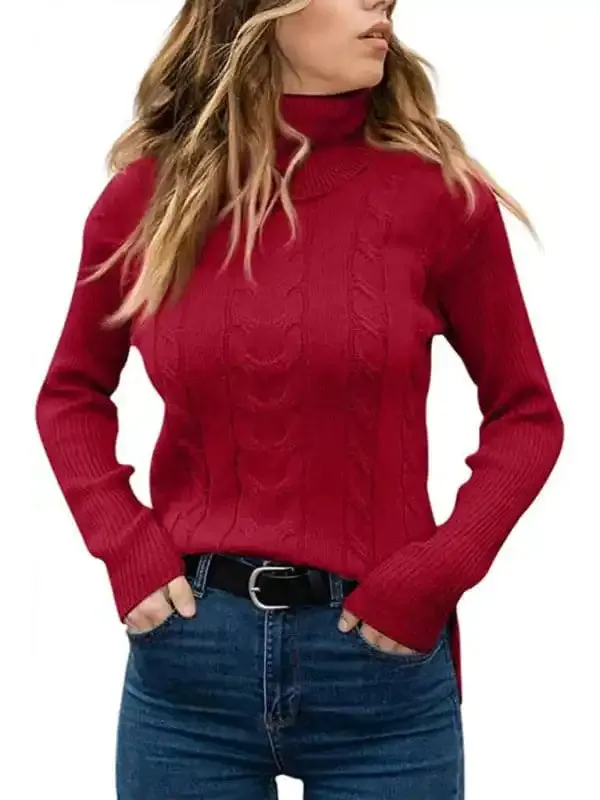 Women’s Solid Color Turtleneck Sweater Retro Long Sleeve Sweater