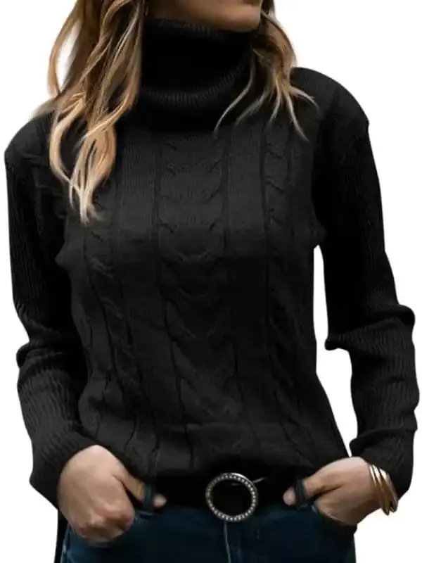 Women’s Solid Color Turtleneck Sweater Retro Long Sleeve Sweater