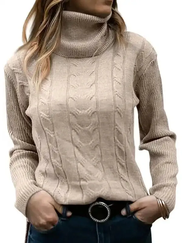 Women’s Solid Color Turtleneck Sweater Retro Long Sleeve Sweater