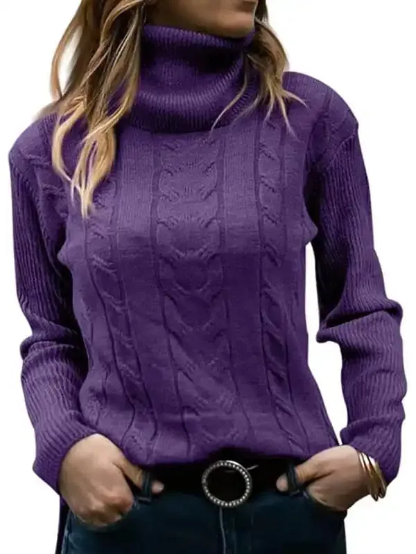 Women’s Solid Color Turtleneck Sweater Retro Long Sleeve Sweater