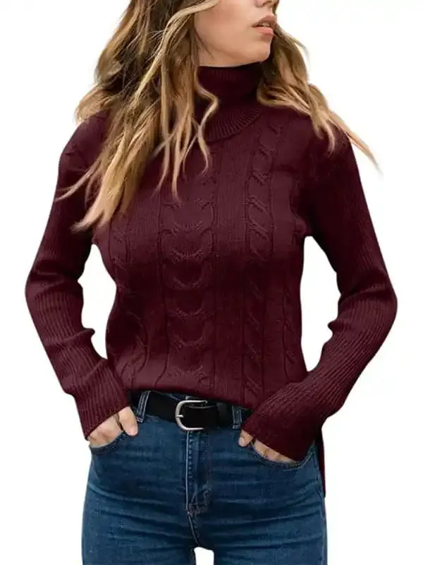 Women’s Solid Color Turtleneck Sweater Retro Long Sleeve Sweater