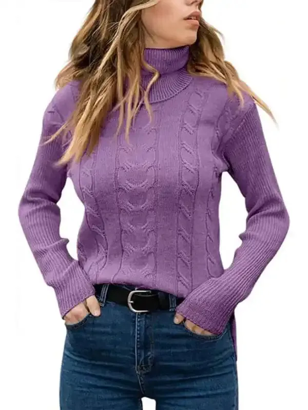 Women’s Solid Color Turtleneck Sweater Retro Long Sleeve Sweater