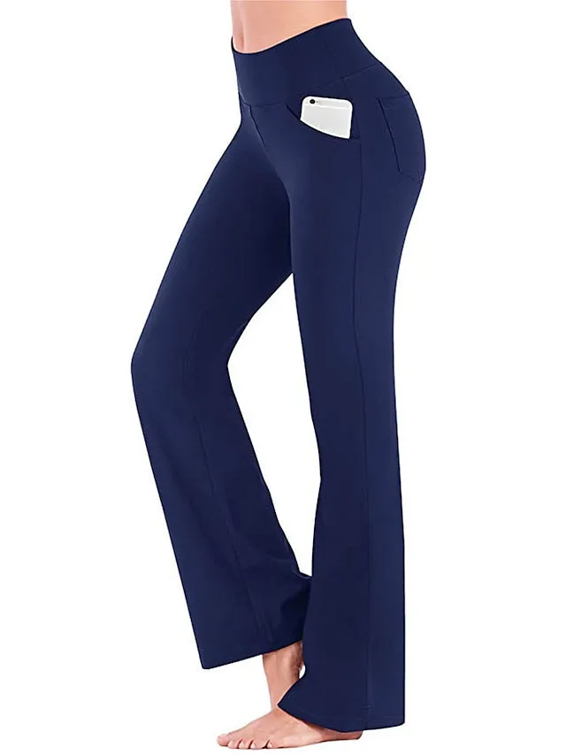 Women's Yoga Pants Side Pockets Wide Leg Tummy Control Butt Lift Quick Dry High Waist Yoga Fitness Gym Workout Bottoms Black White Pink Sports Activewear Stretchy