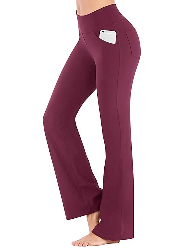 Women's Yoga Pants Side Pockets Wide Leg Tummy Control Butt Lift Quick Dry High Waist Yoga Fitness Gym Workout Bottoms Black White Pink Sports Activewear Stretchy