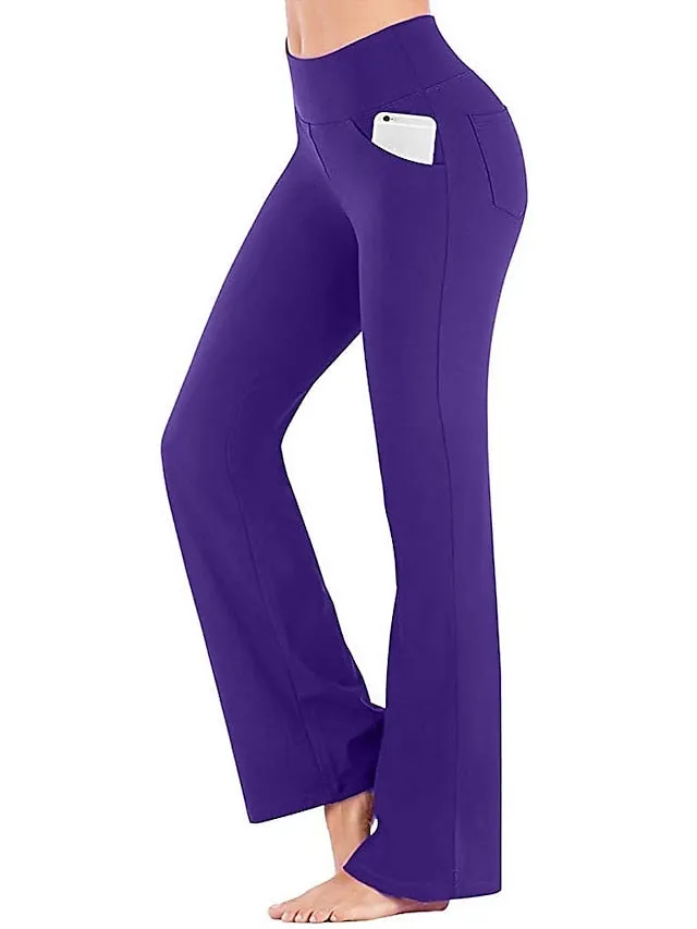 Women's Yoga Pants Side Pockets Wide Leg Tummy Control Butt Lift Quick Dry High Waist Yoga Fitness Gym Workout Bottoms Black White Pink Sports Activewear Stretchy