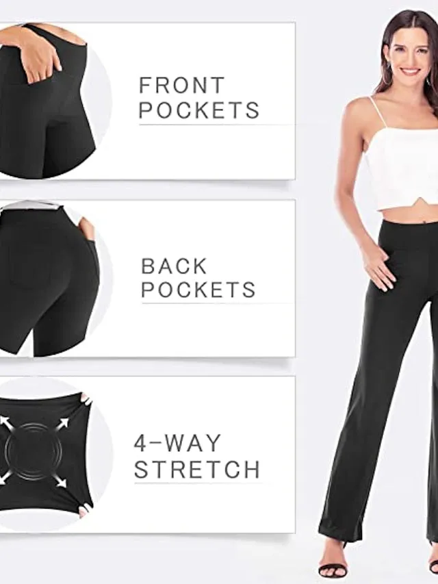 Women's Yoga Pants Side Pockets Wide Leg Tummy Control Butt Lift Quick Dry High Waist Yoga Fitness Gym Workout Bottoms Black White Pink Sports Activewear Stretchy