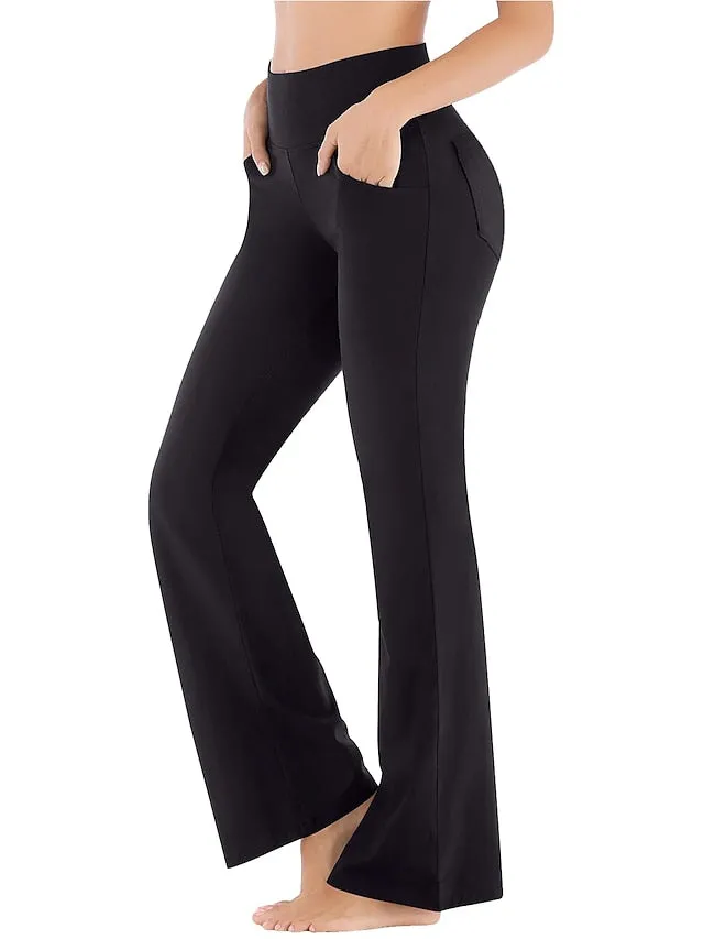 Women's Yoga Pants Side Pockets Wide Leg Tummy Control Butt Lift Quick Dry High Waist Yoga Fitness Gym Workout Bottoms Black White Pink Sports Activewear Stretchy