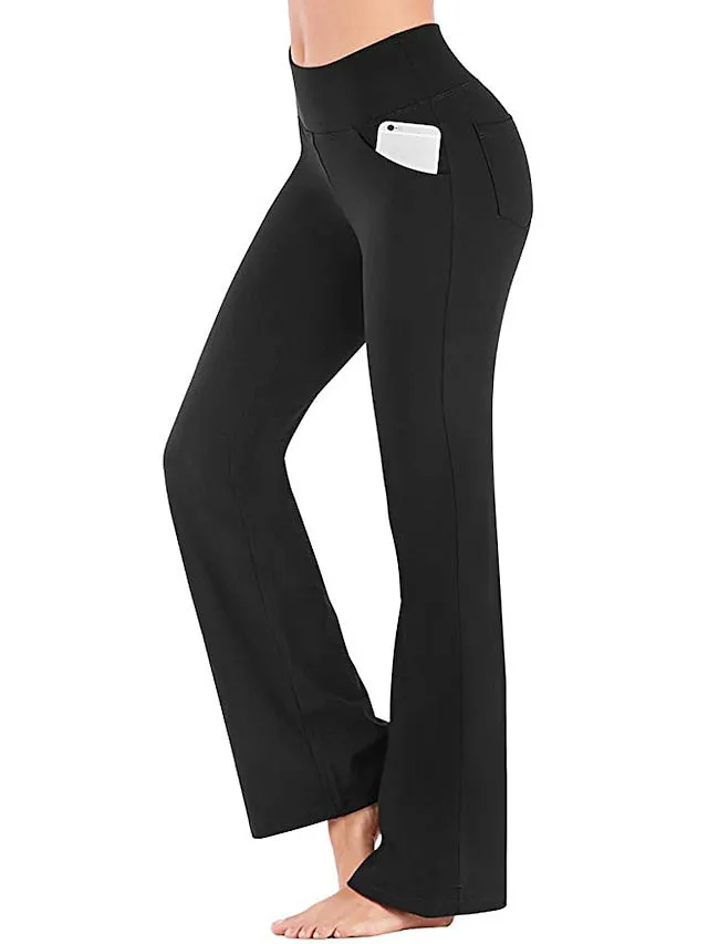 Women's Yoga Pants Side Pockets Wide Leg Tummy Control Butt Lift Quick Dry High Waist Yoga Fitness Gym Workout Bottoms Black White Pink Sports Activewear Stretchy